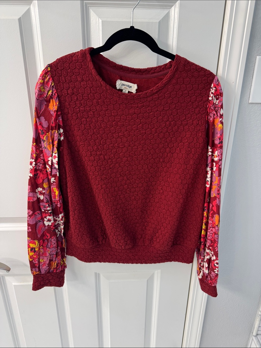 Anthropologie Maroon Textured Pullover with Floral Sleeves